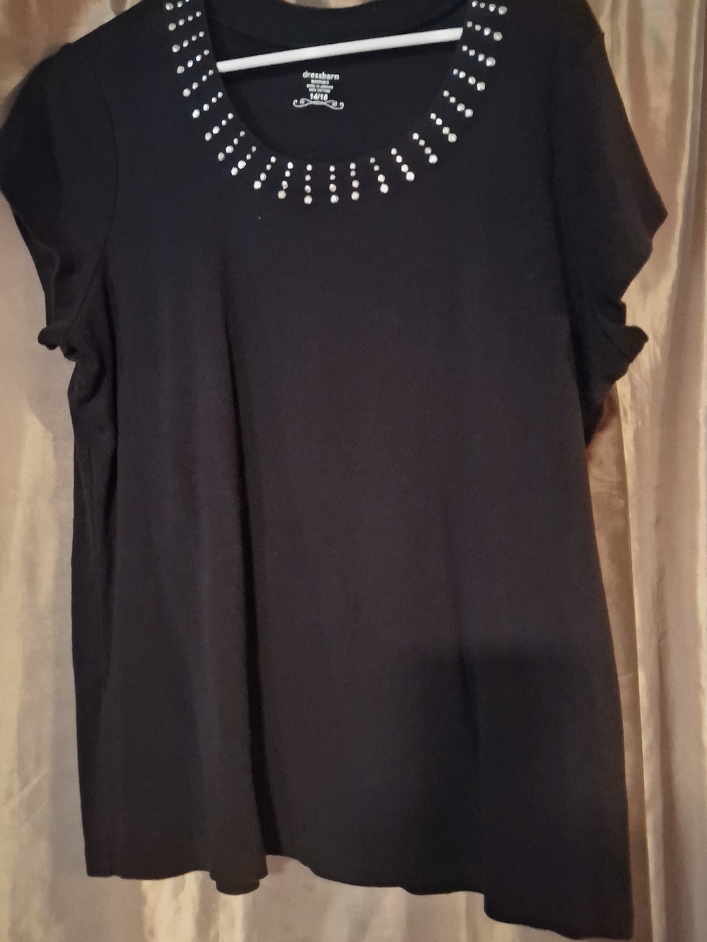 dressbarn Black Short Sleeve Top with Studded Scoop Neck